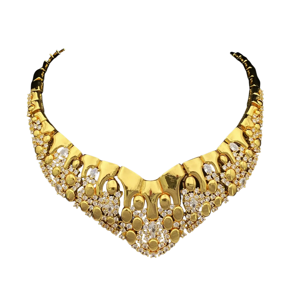 Gold zircon geometric jewelry set featuring a gold-colored statement necklace with clear crystal accents and intricate design