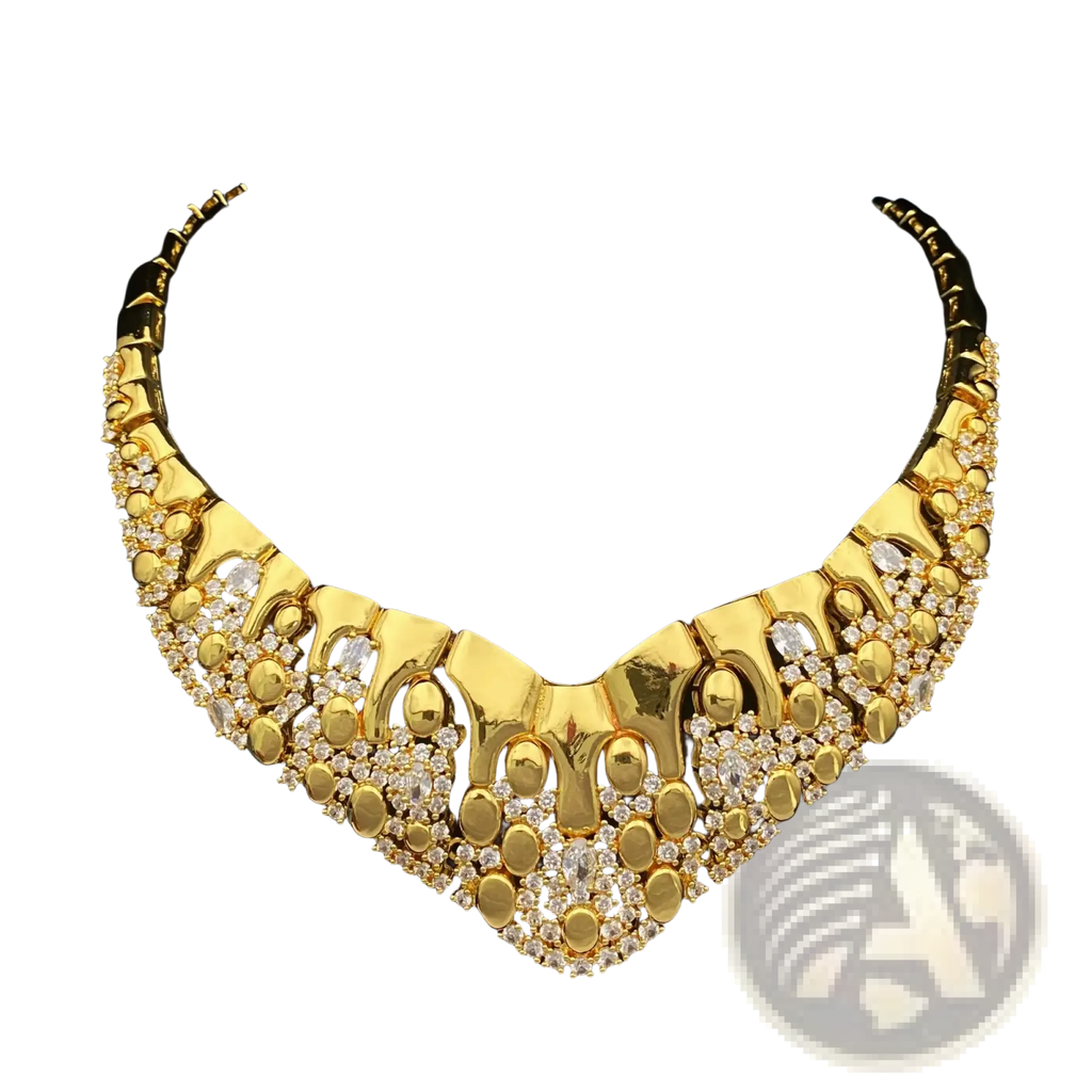 Gold zircon geometric jewelry set featuring a gold-colored statement necklace with clear crystal accents and intricate design