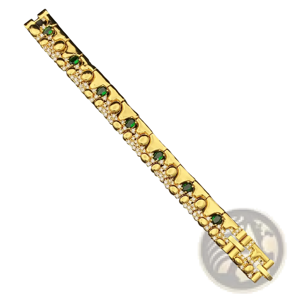 Gold zircon geometric jewelry set featuring a gold-toned bracelet with green gemstones and clear crystals in an ornate design