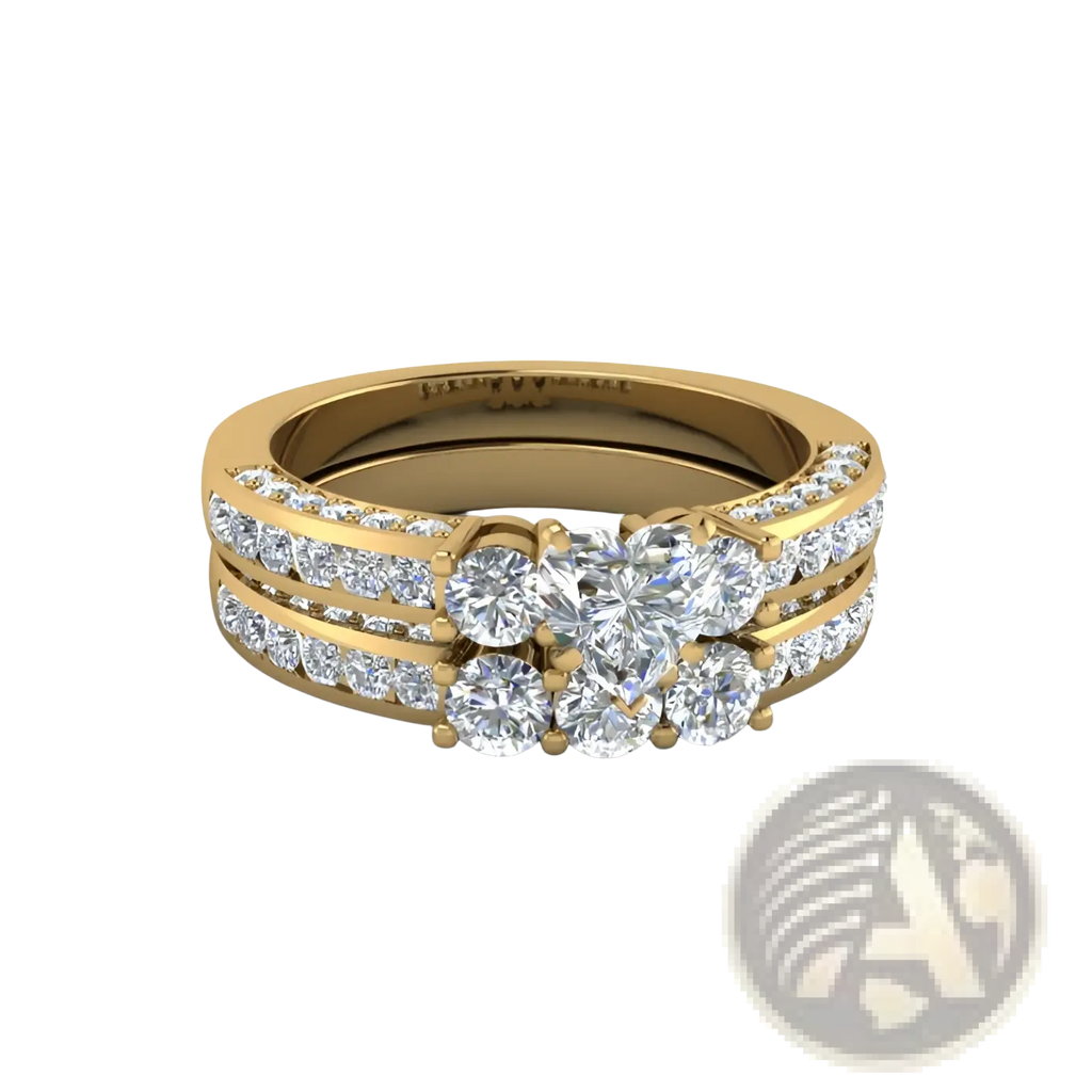A luxurious yellow gold three-stone diamond ring with pavé-set stones in a gold zircon inlaid stainless steel couple ring set
