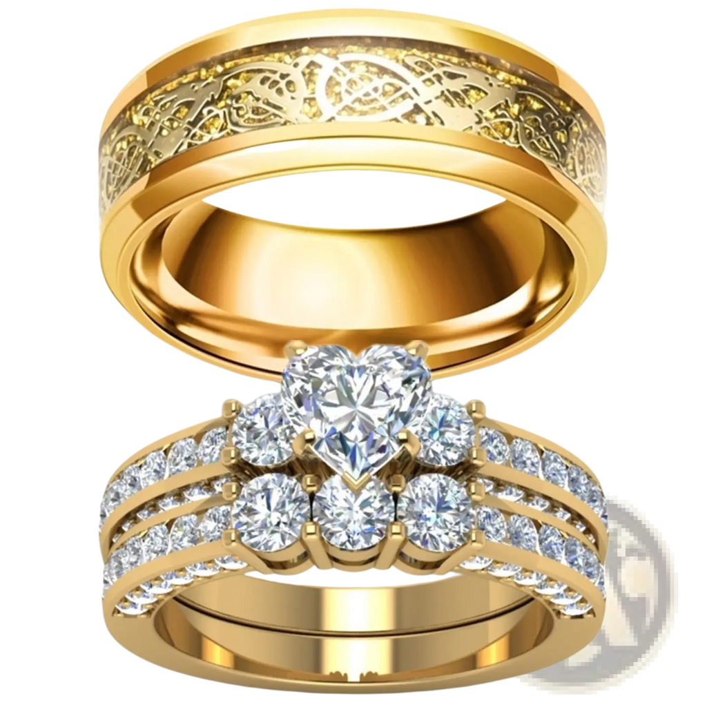 Gold zircon inlaid stainless steel couple ring set with male celtic knot band and female heart-shaped diamond ring
