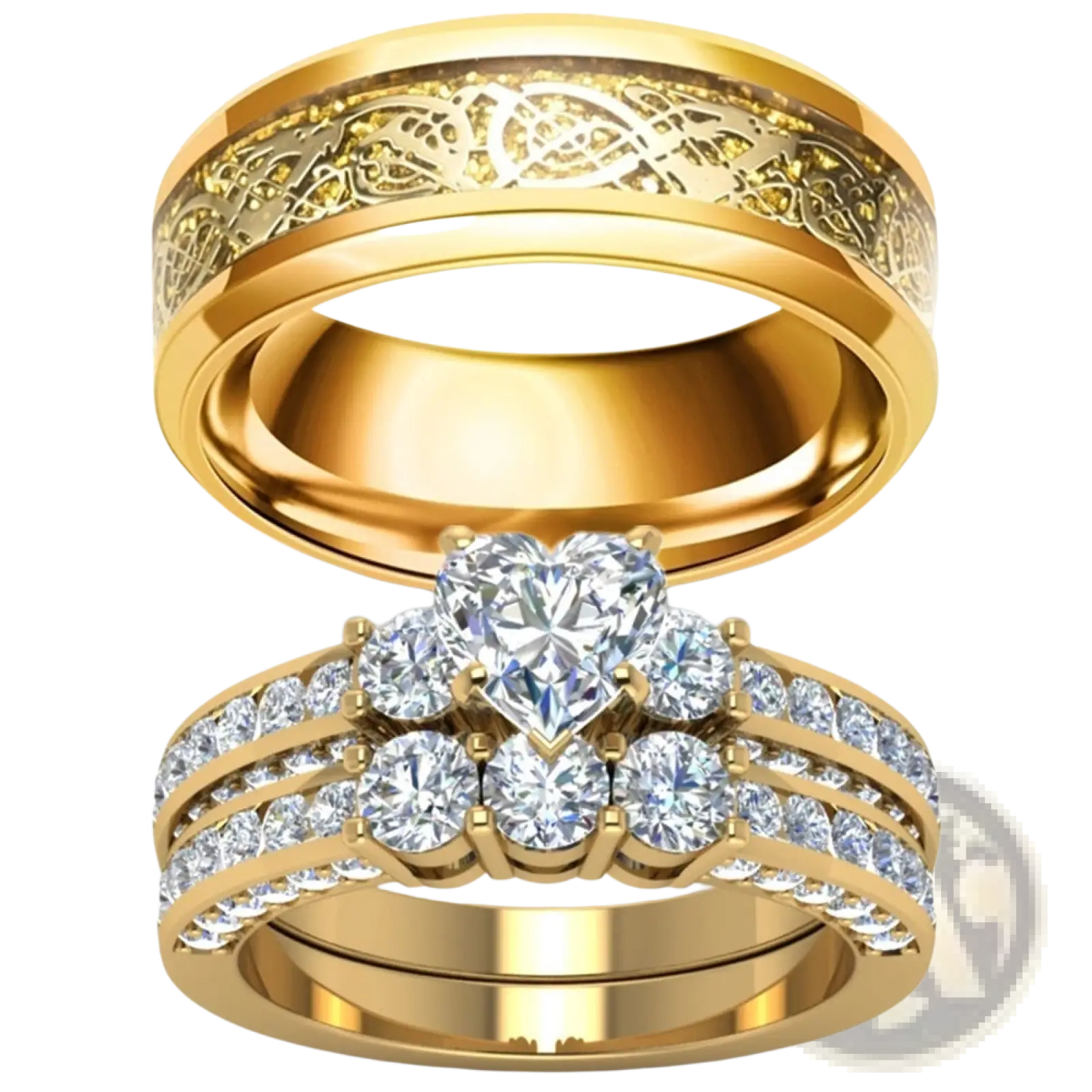 Gold zircon inlaid stainless steel couple ring set with male celtic knot band and female heart-shaped diamond ring