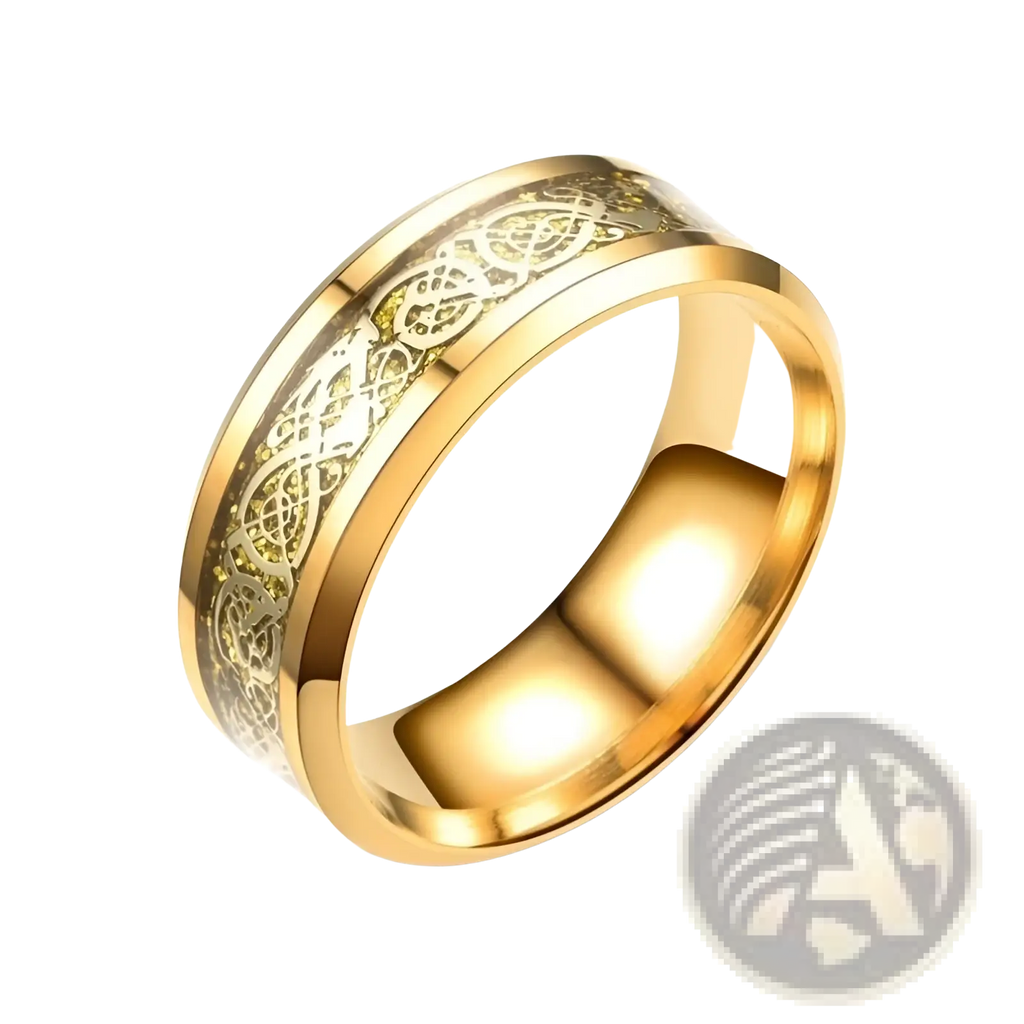 Gold zircon inlaid stainless steel couple ring set featuring a gold-colored band with intricate glowing celtic knot design