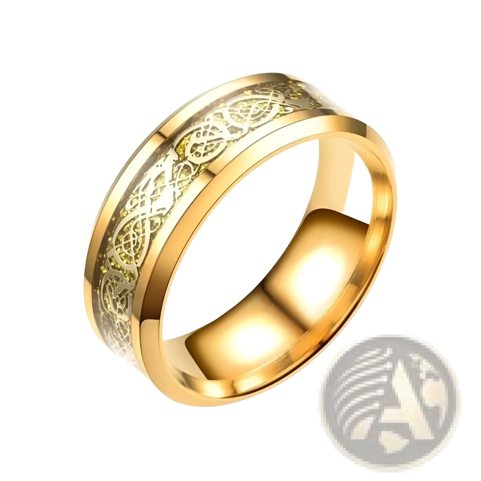 Gold zircon inlaid stainless steel couple ring set featuring a gold-colored band with intricate glowing celtic knot design