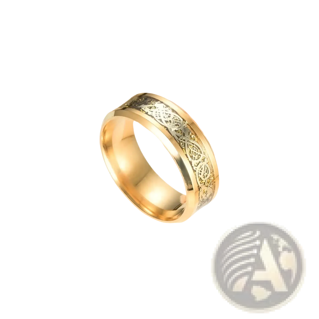 Gold zircon inlaid stainless steel couple ring set featuring a gold-colored band with intricate black dragon etching
