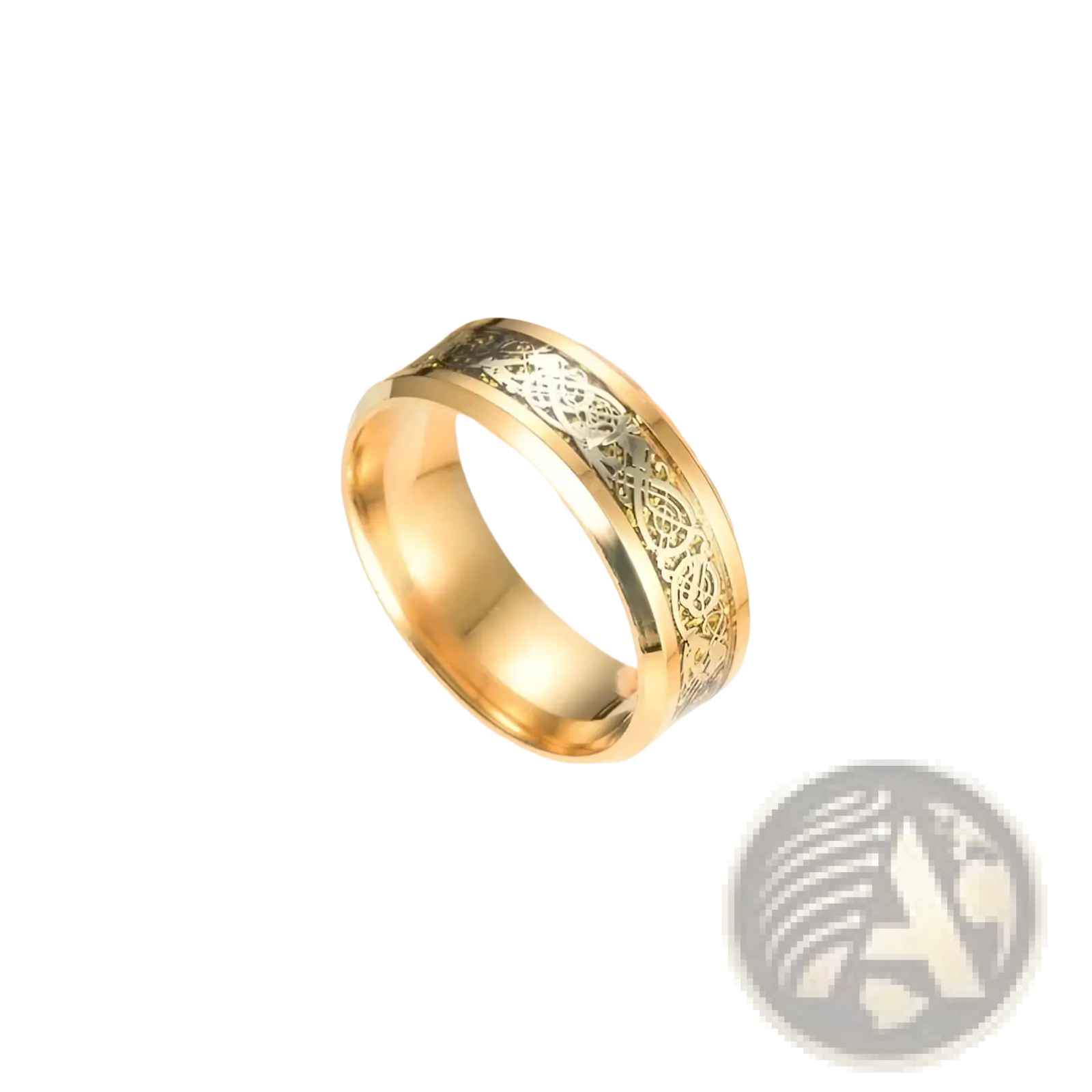Gold zircon inlaid stainless steel couple ring set featuring a gold-colored band with intricate black dragon etching