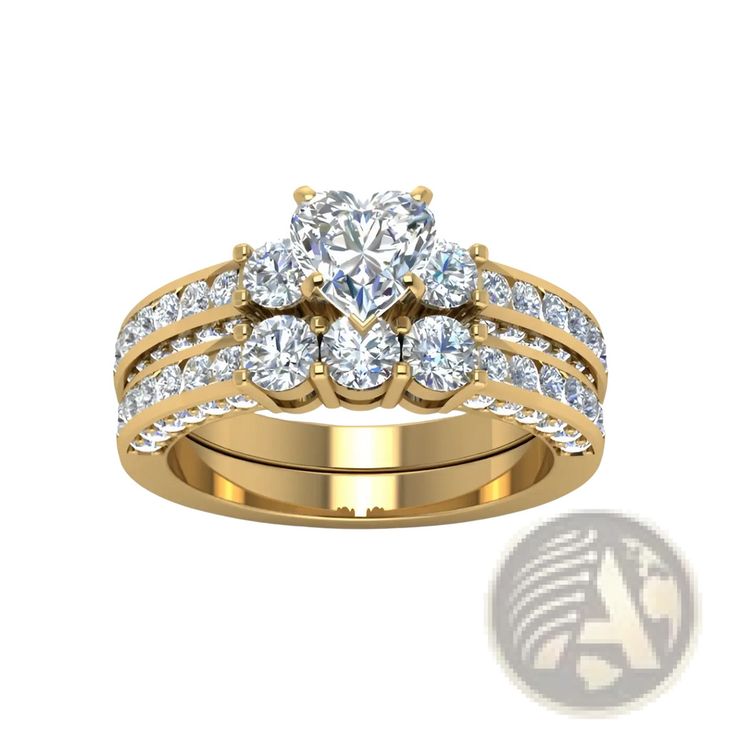Gold zircon inlaid stainless steel couple ring set featuring a gold band with a heart-shaped diamond and smaller round diamonds