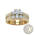 Gold zircon inlaid stainless steel couple ring set featuring a gold band with a heart-shaped diamond and smaller round diamonds