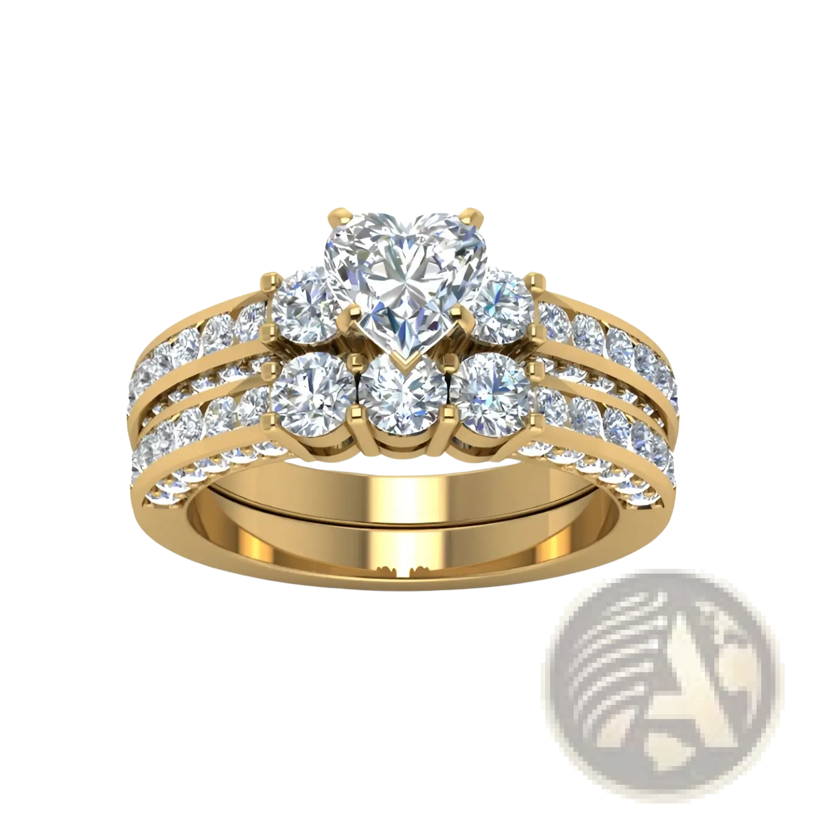 Gold zircon inlaid stainless steel couple ring set featuring a gold band with a heart-shaped diamond and smaller round diamonds