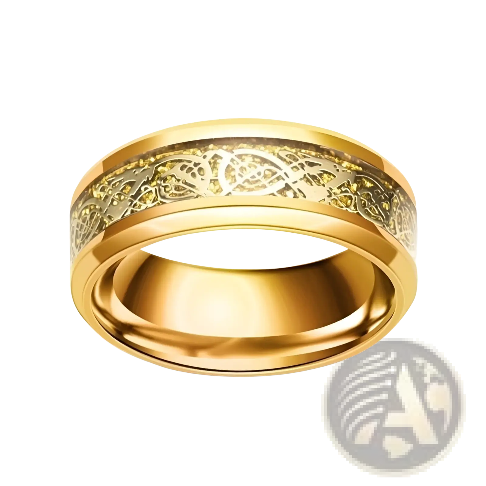 Gold zircon inlaid stainless steel men’s ring with a polished finish and intricate engraved interwoven inner band design