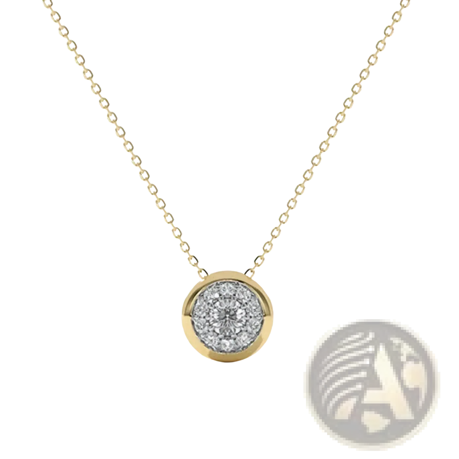 A delicate gold sterling silver necklace with a round zircon pendant encrusted with sparkling diamonds