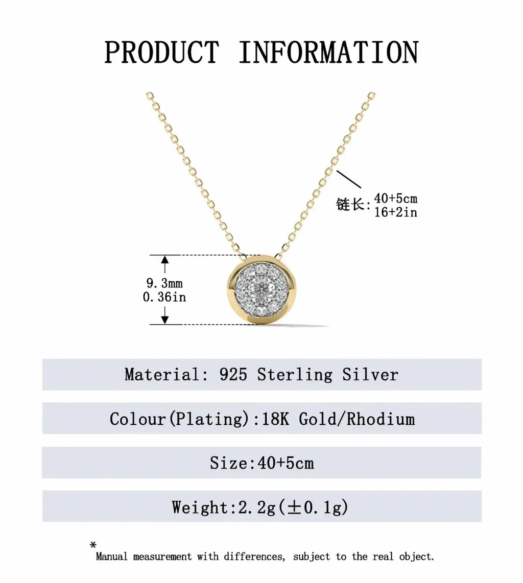 Delicate sterling silver gold zircon round pendant necklace with pave-set diamond on 18k gold rhodium plated chain