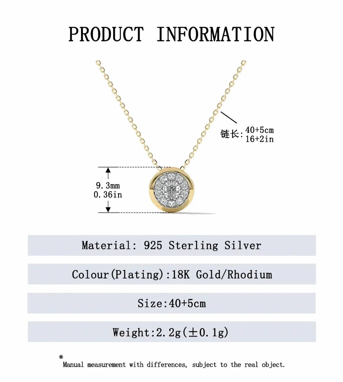 Delicate sterling silver gold zircon round pendant necklace with pave-set diamond on 18k gold rhodium plated chain