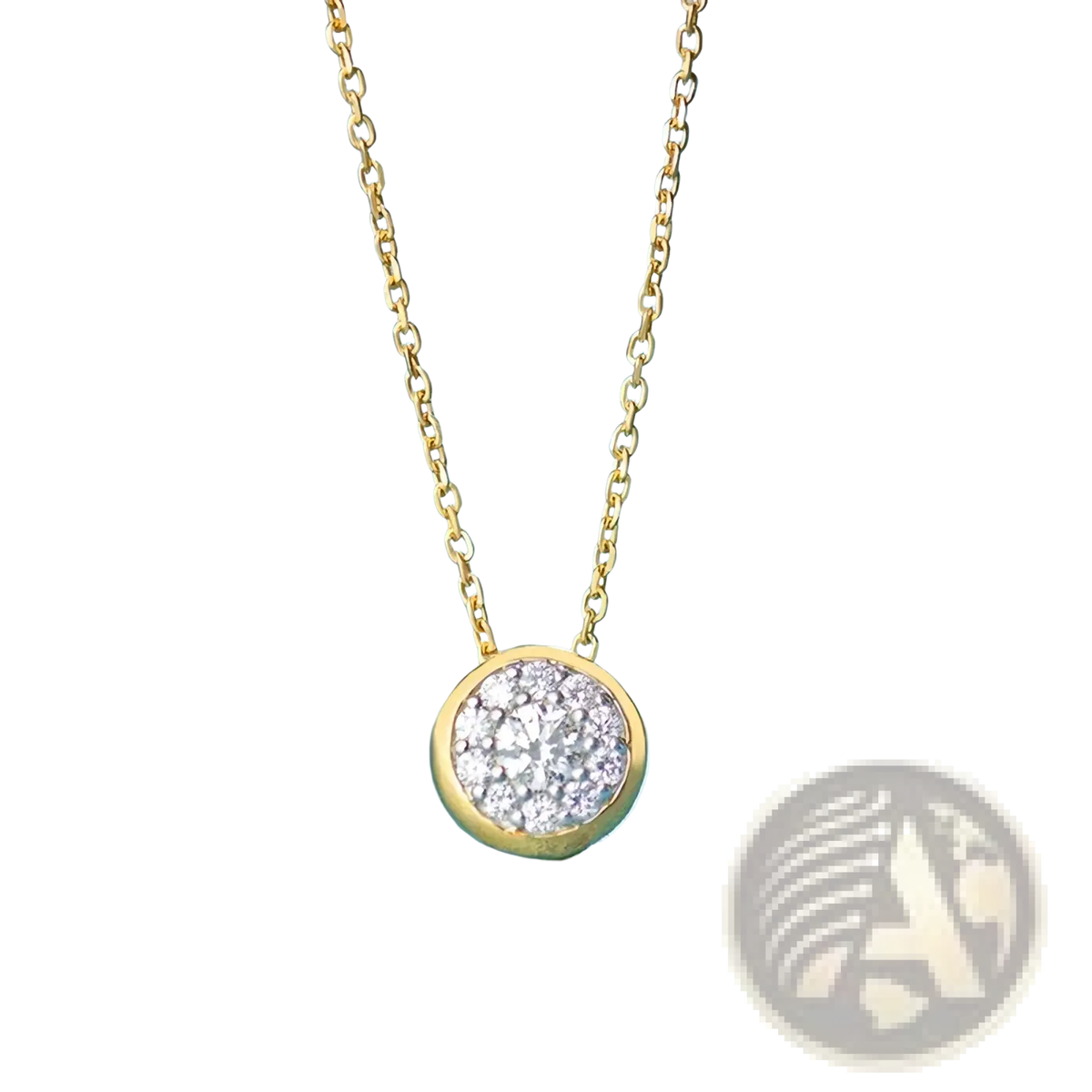 A delicate gold sterling silver necklace with a round zircon pendant adorned with sparkling clear stones