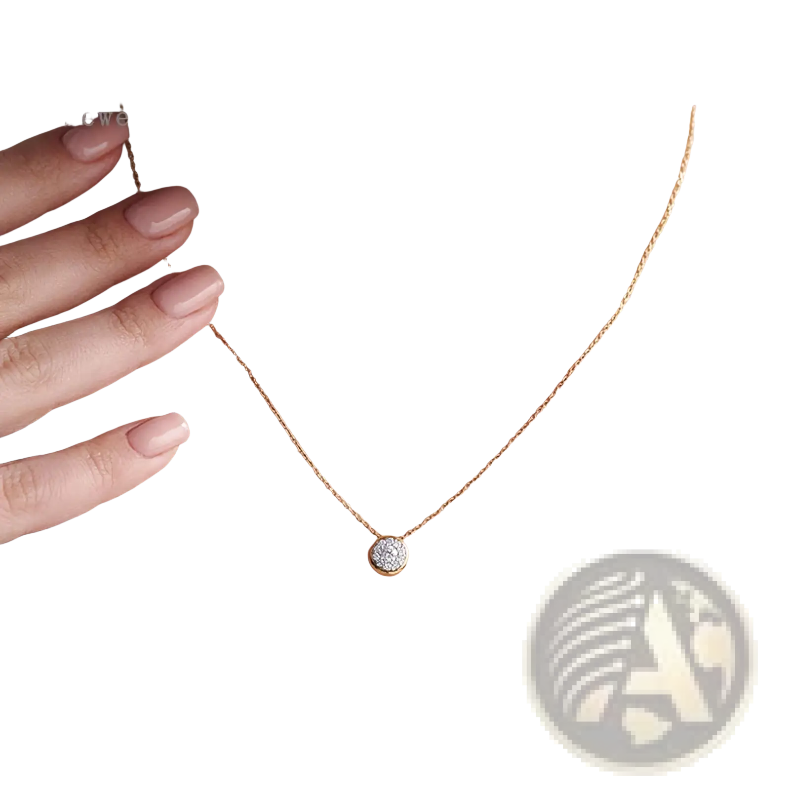 A delicate gold sterling silver necklace with a round pave-set diamond pendant for elegant wear