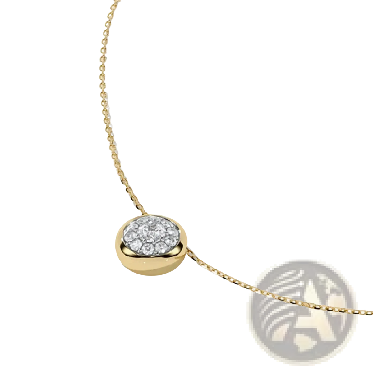 Gold-toned sterling silver necklace with a round pave-set diamond pendant on an elegant chain