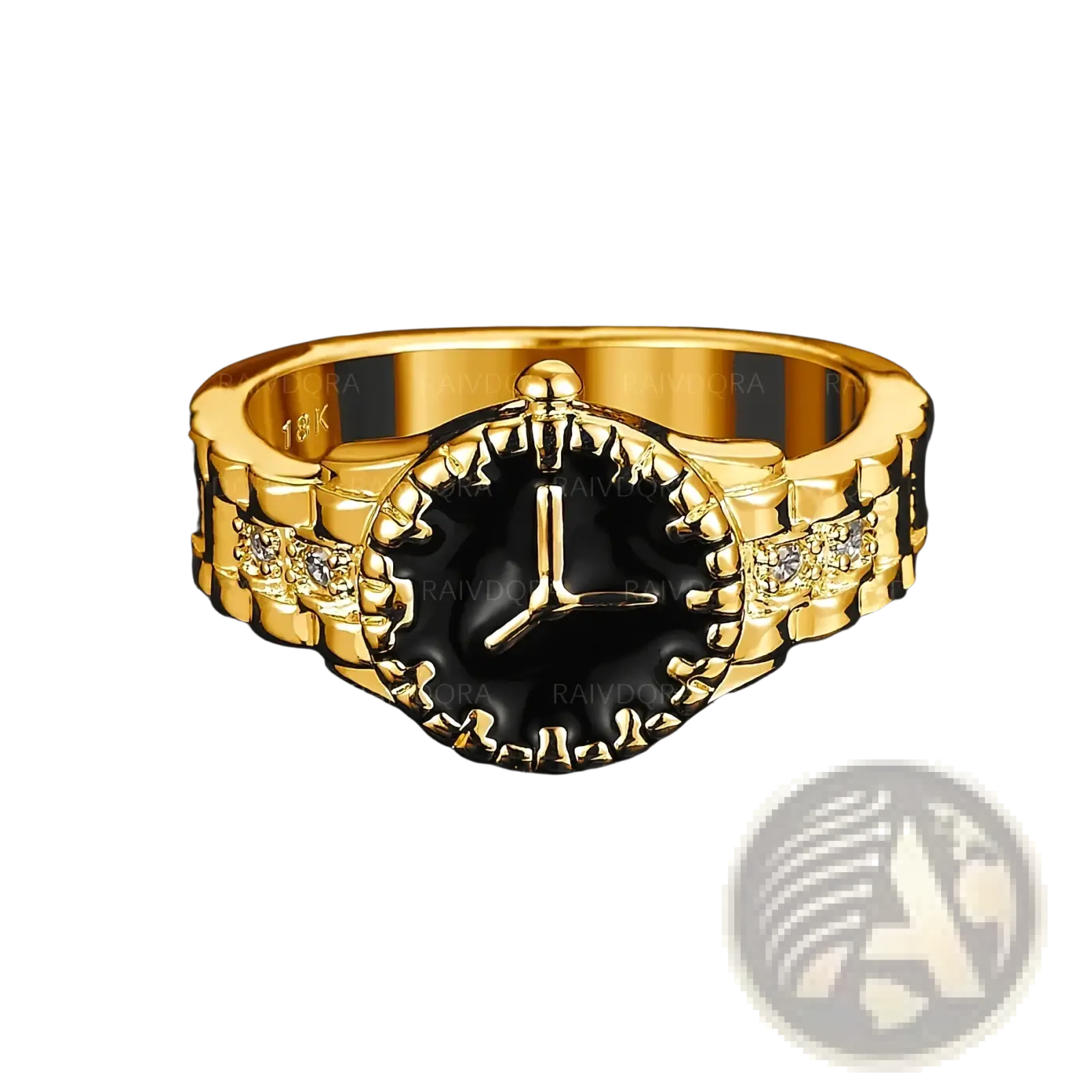 Gold zirconia black enamel ring for women featuring an 18k gold band with bold black enamel and diamond accents
