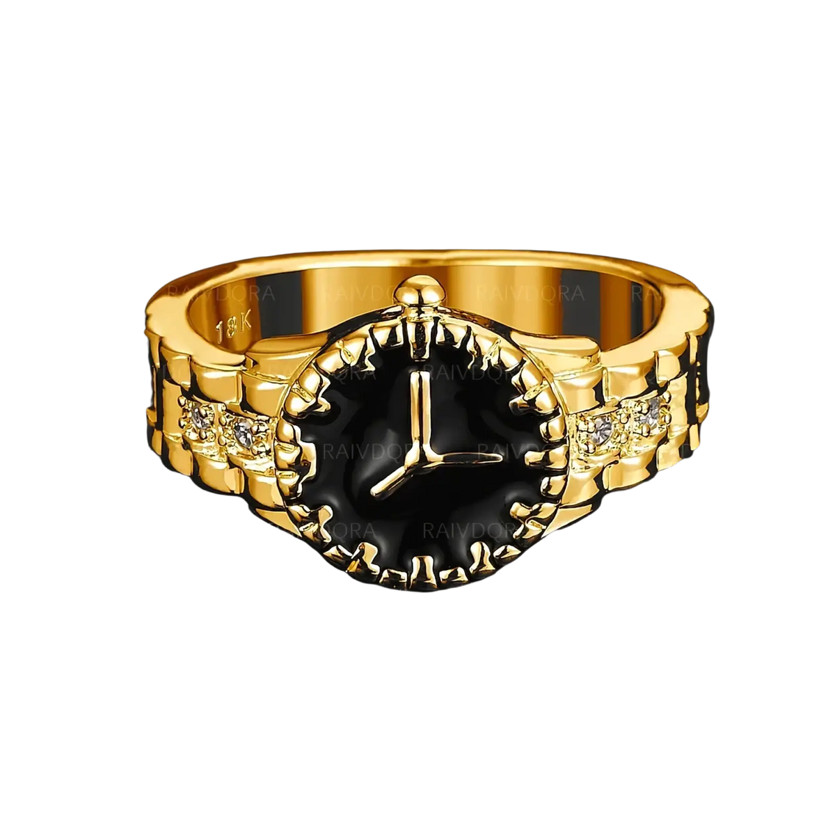 Gold zirconia black enamel ring for women featuring an 18k gold band with bold black enamel and diamond accents