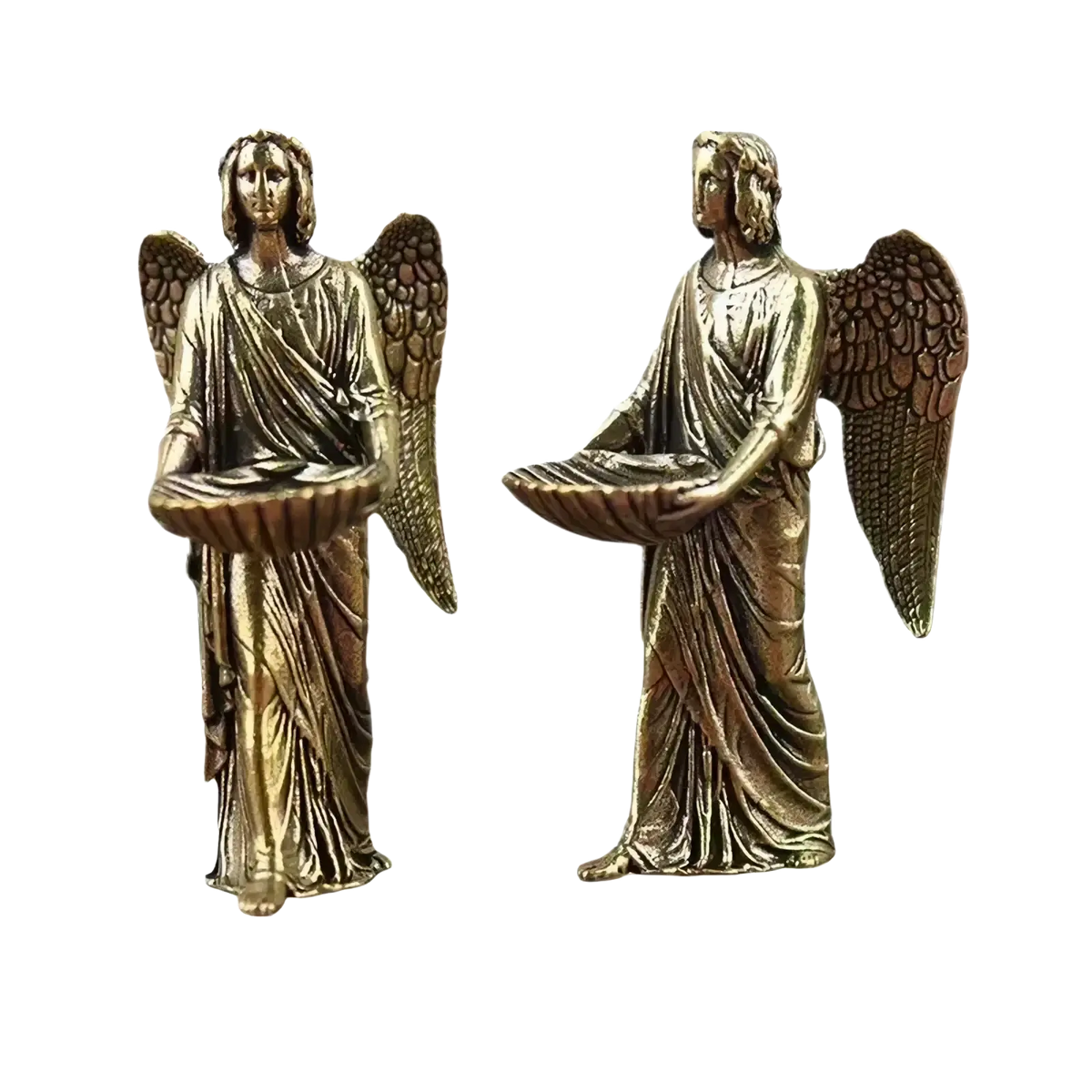 Two bronze-colored golden angel figurine home decor statues with detailed wings and robes holding shallow bowls