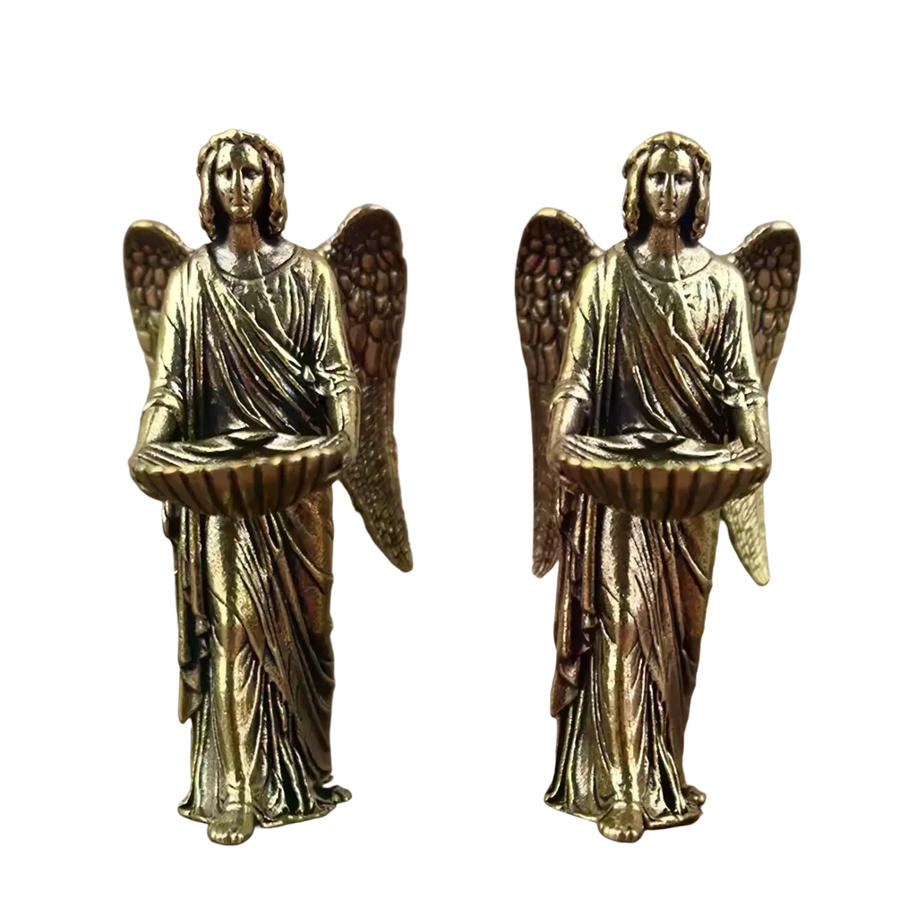 Two identical golden angel figurine home decor statues with detailed wings and robes holding shallow bowls