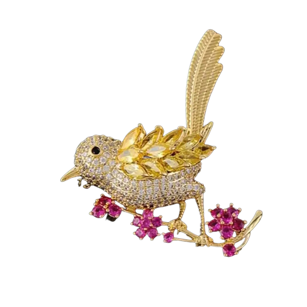 Golden bird brooch adorned with clear and yellow gemstones perched on pink ruby blossom branch clothing pin