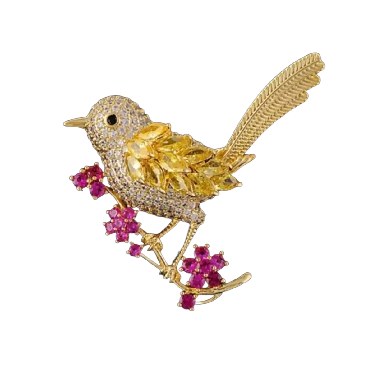Golden bird brooch with clear and yellow gemstones perched on a branch with vibrant pink ruby-like blossoms