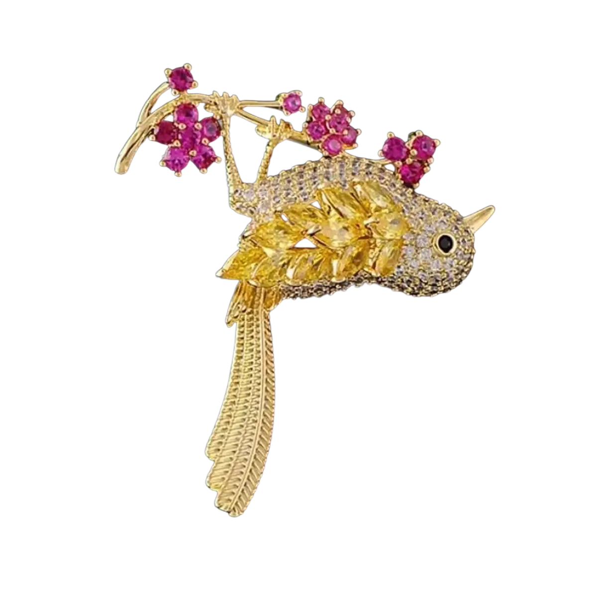 Golden bird brooch gemstone animal clothing pin with yellow and clear gemstones and pink ruby blossom branch detail