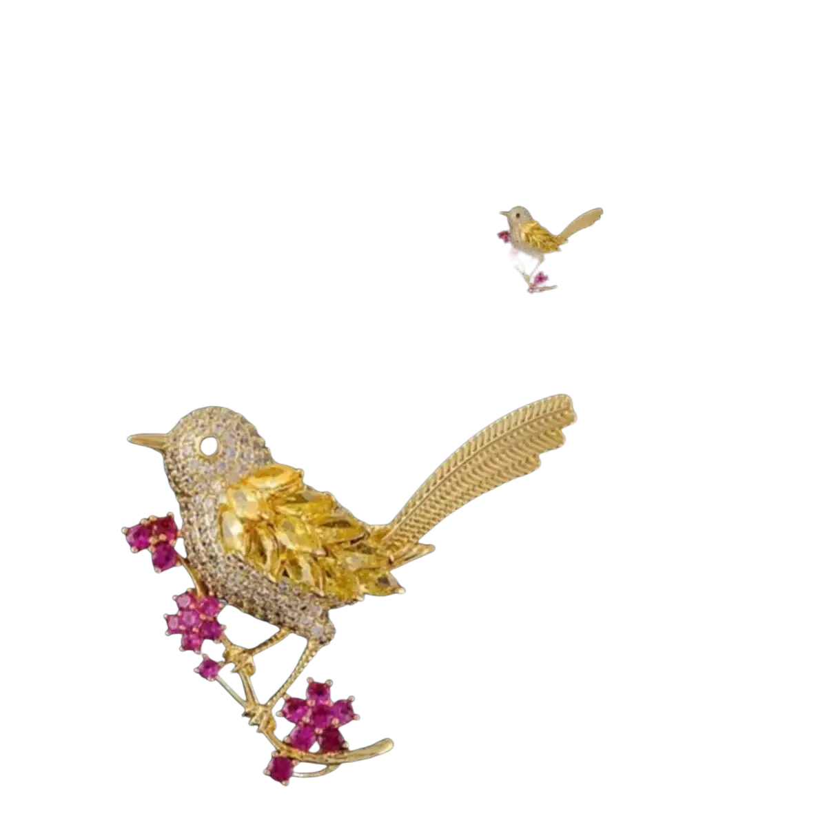A golden bird brooch featuring sparkling diamonds and vibrant ruby gemstone blossoms for clothing decoration