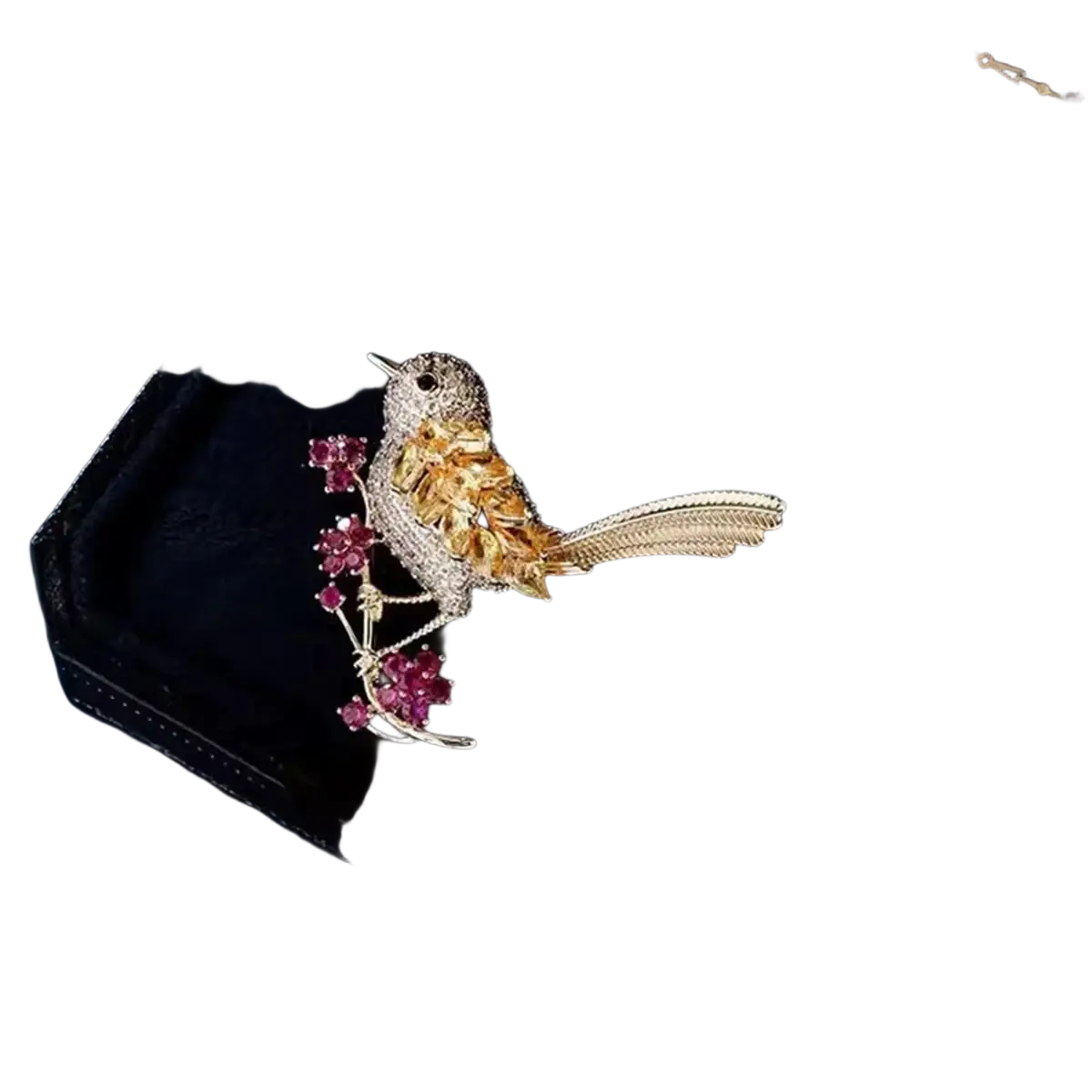 Golden bird brooch gemstone animal clothing pin featuring a delicate gold and silver bird with diamonds and ruby-like gems