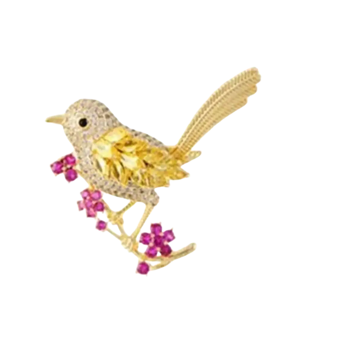 Golden bird brooch gold-toned delicate design with clear crystals and pink gemstone blossoms on branch pin