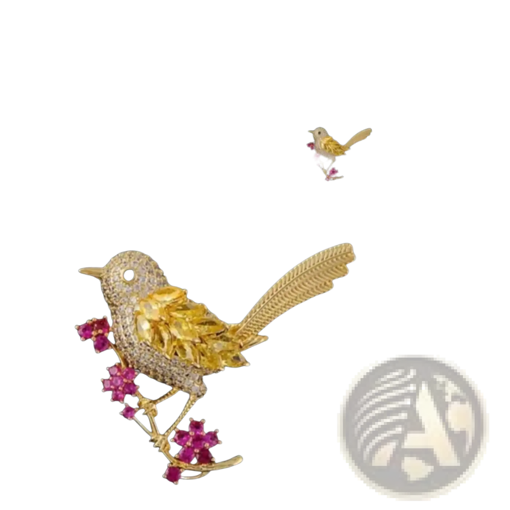 A golden bird brooch featuring sparkling diamonds and vibrant ruby gemstone blossoms for clothing decoration