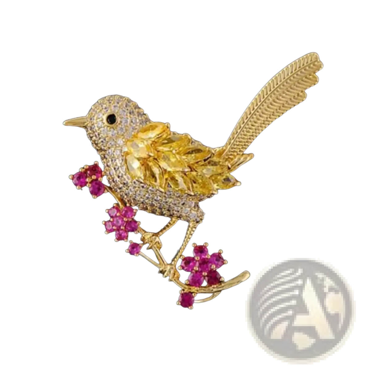 Golden bird brooch with clear and yellow gemstones perched on a branch with vibrant pink ruby-like blossoms