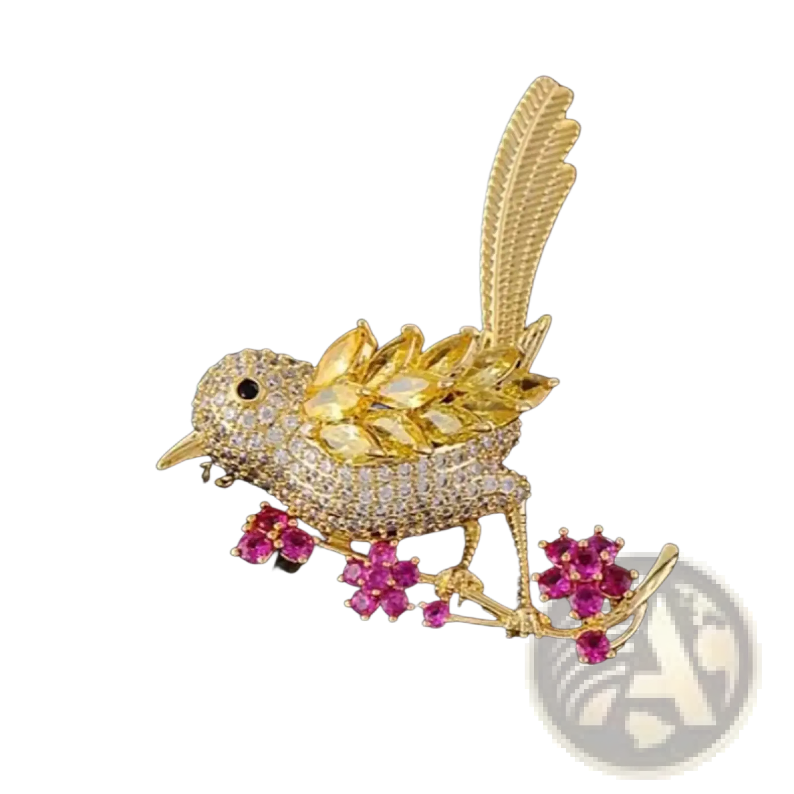 Golden bird brooch adorned with clear and yellow gemstones perched on pink ruby blossom branch clothing pin