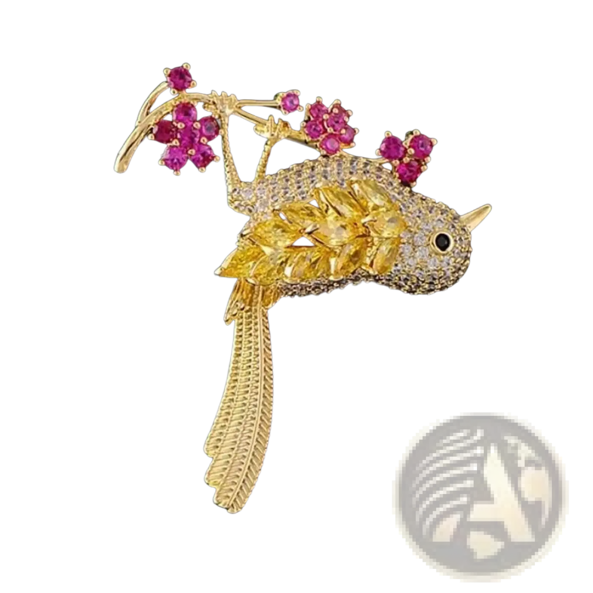 Golden bird brooch gemstone animal clothing pin with yellow and clear gemstones and pink ruby blossom branch detail