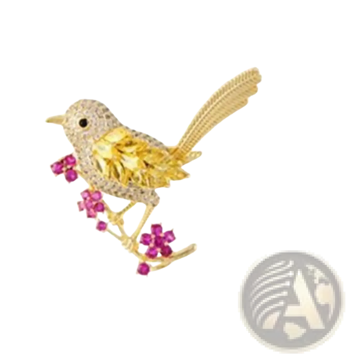 Golden bird brooch gold-toned delicate design with clear crystals and pink gemstone blossoms on branch pin