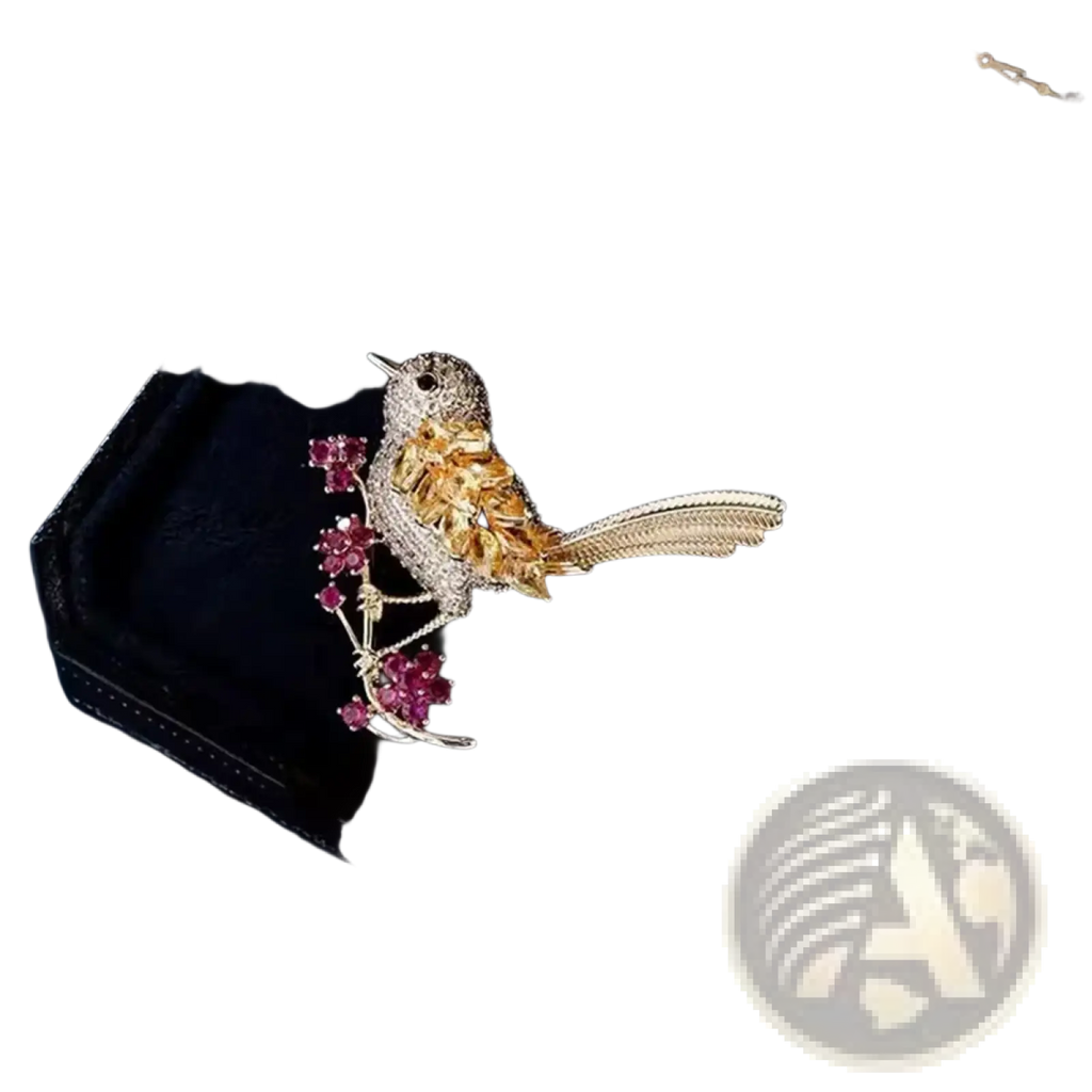 Golden bird brooch gemstone animal clothing pin featuring a delicate gold and silver bird with diamonds and ruby-like gems