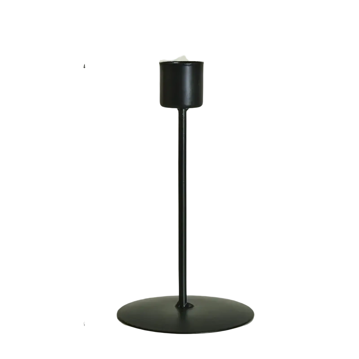 Black metal candle holder with slender stem and circular base for golden European style home decor