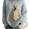 Light blue knitted hoodie featuring a textured golden retriever embroidered in detailed knitwork on the front