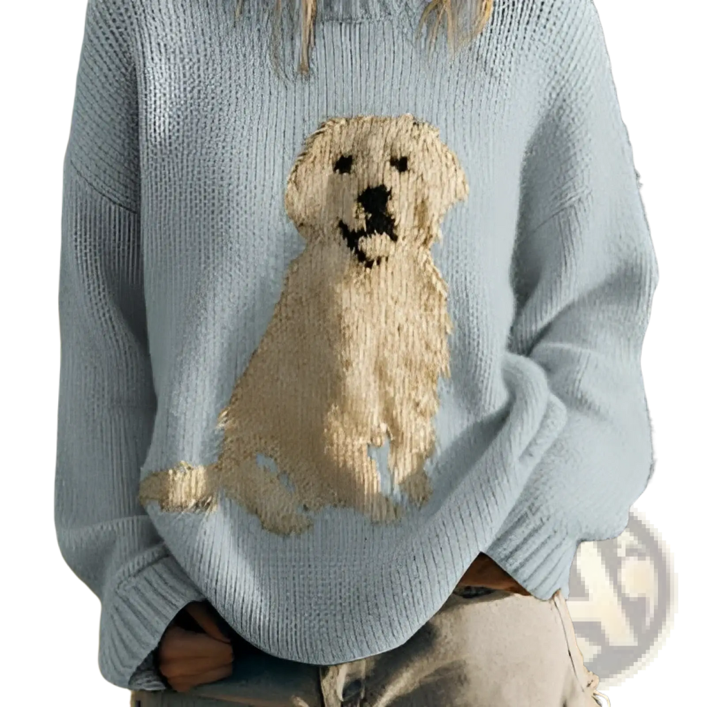 Light blue knitted hoodie featuring a detailed golden retriever embroidered in textured knitwork on the front