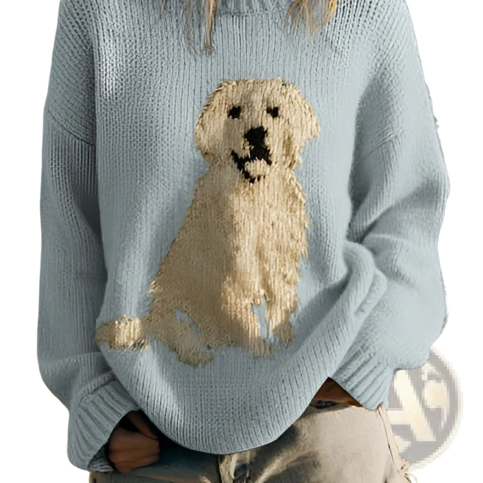 Light blue knitted hoodie featuring a detailed golden retriever embroidered in textured knitwork