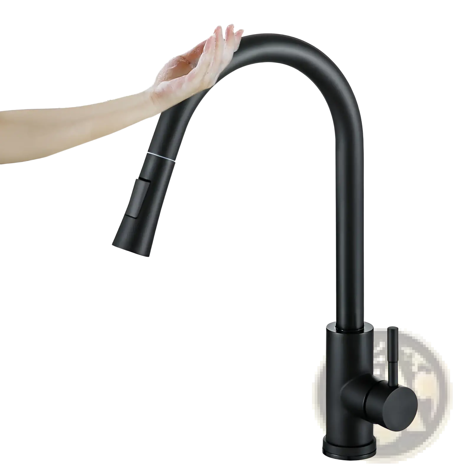 Golden Smart Touch pull out kitchen faucet in black matte finish with sleek curved spout and pull-down spray head