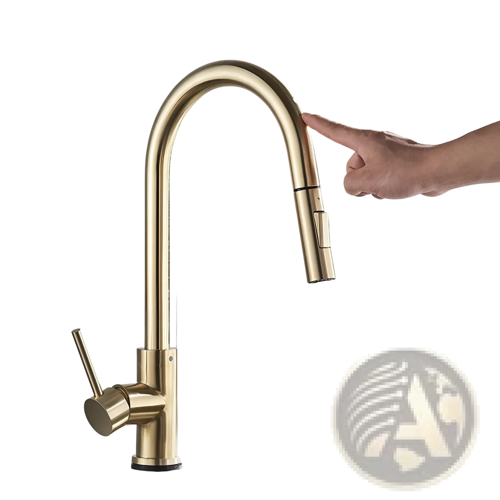 Gold-colored modern kitchen faucet with sleek curved spout and pull-down spray head golden smart touch pull out model