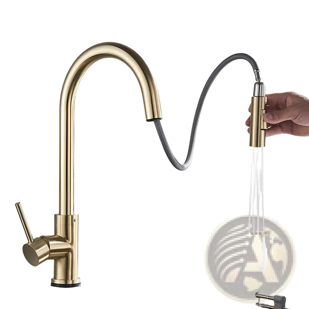 Golden smart touch pull out kitchen faucet with gold-toned finish, sleek curved spout, and flexible pull-down hose