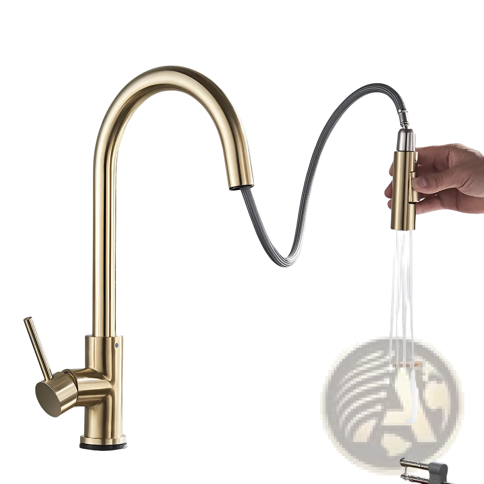 Golden smart touch pull out kitchen faucet with gold-toned finish, sleek curved spout, and flexible pull-down hose