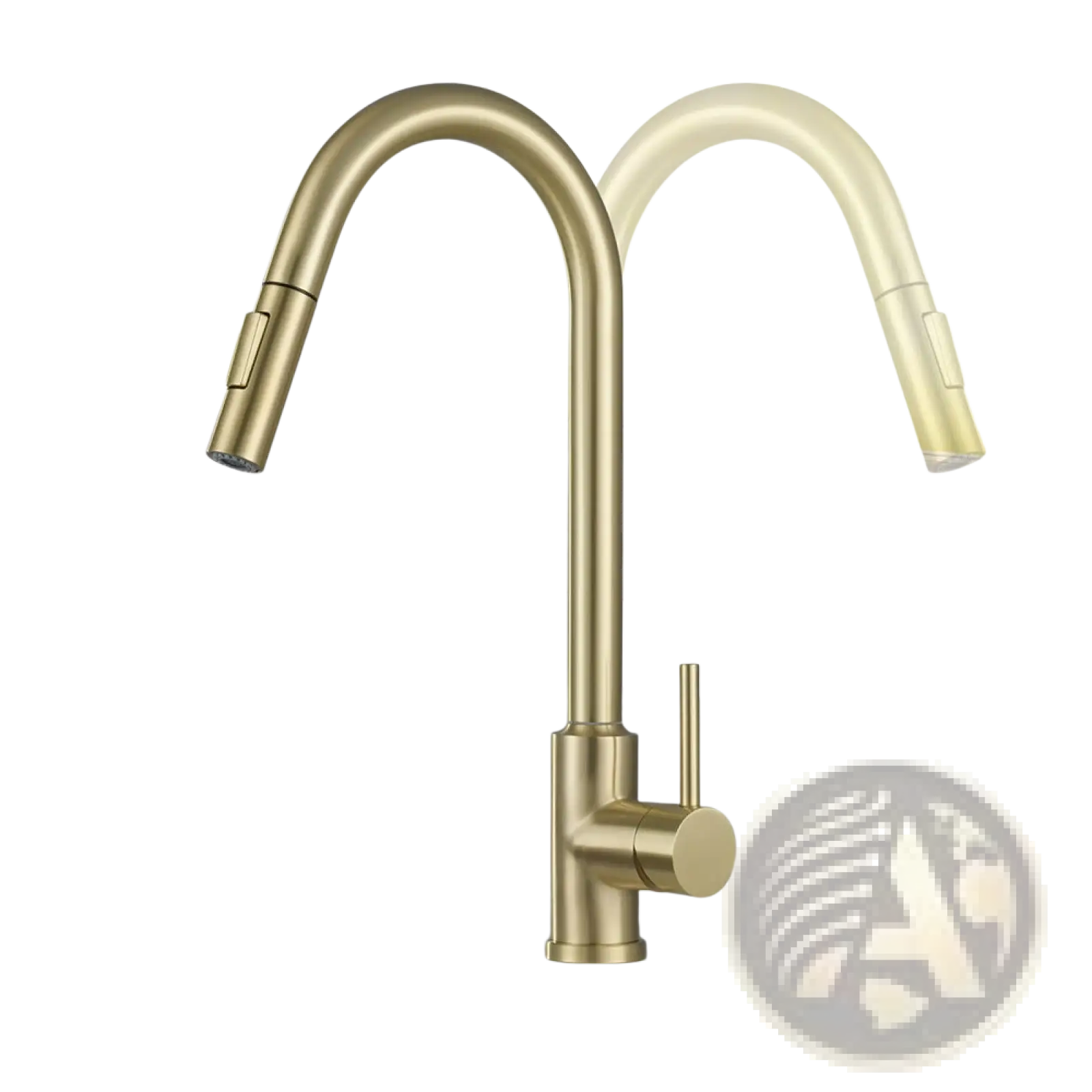 Modern gold-toned kitchen faucet with sleek curved spout and pull-down spray head for versatile use