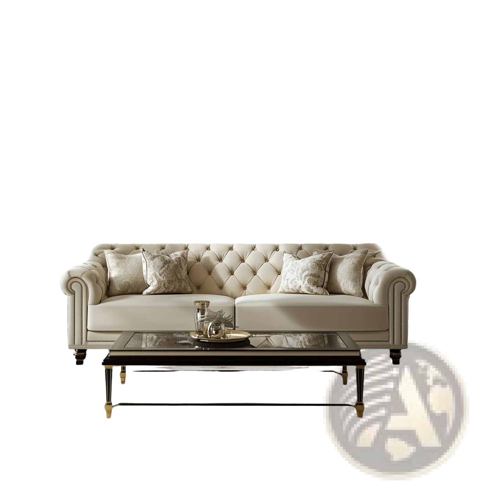 Cream-colored tufted leather sofa with rolled arms and nailhead trim shown alongside Golden Swan table lamp set with led bulbs