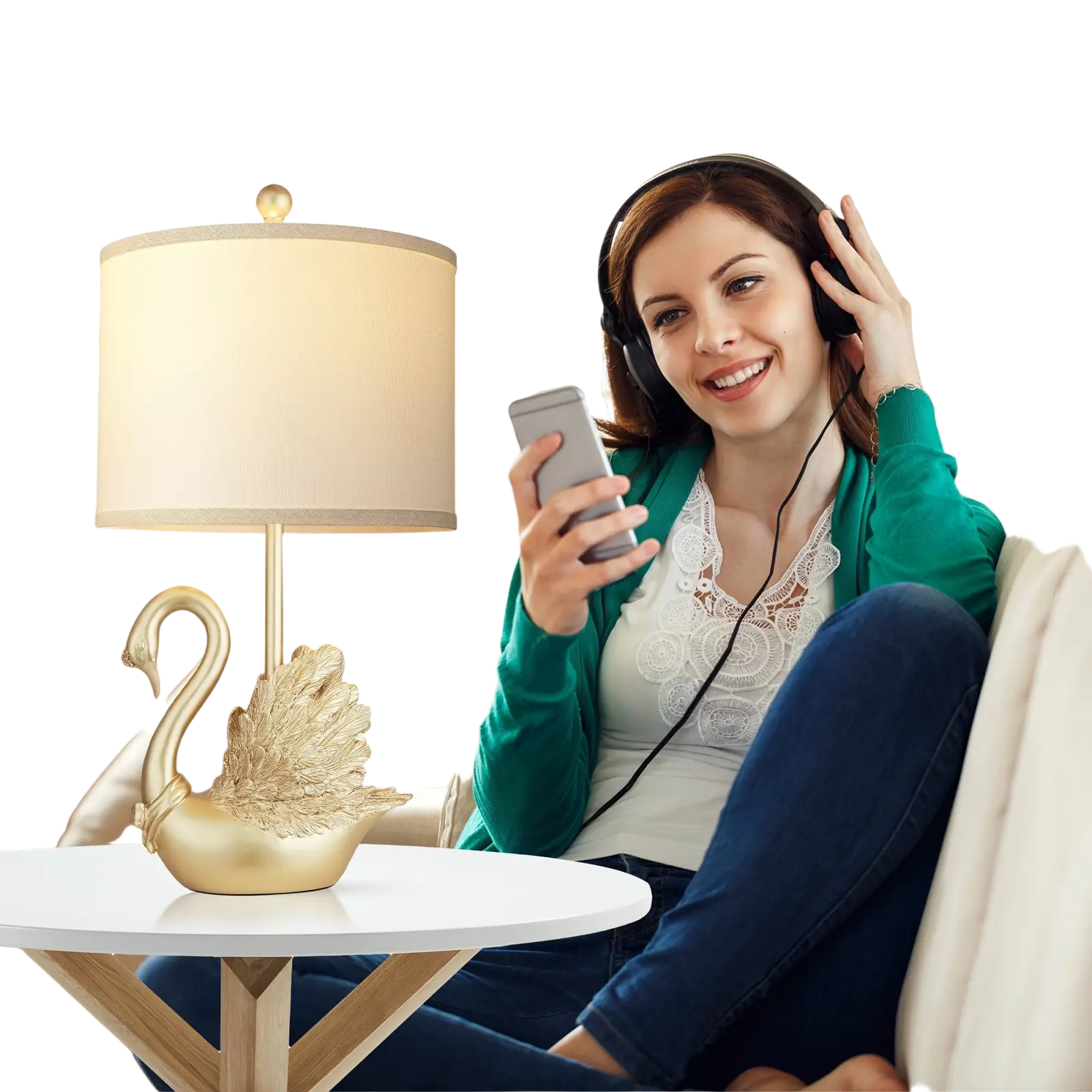 Golden swan table lamp set with led bulbs featuring a cream shade and metallic base in swan design