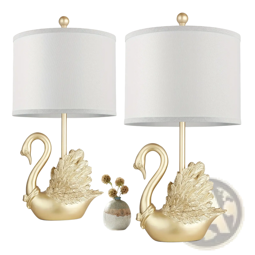 Golden swan table lamp set with led bulbs featuring white drum shades and metallic gold swan-shaped bases