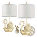 Golden swan table lamp set with led bulbs featuring white drum shades and metallic gold swan-shaped bases
