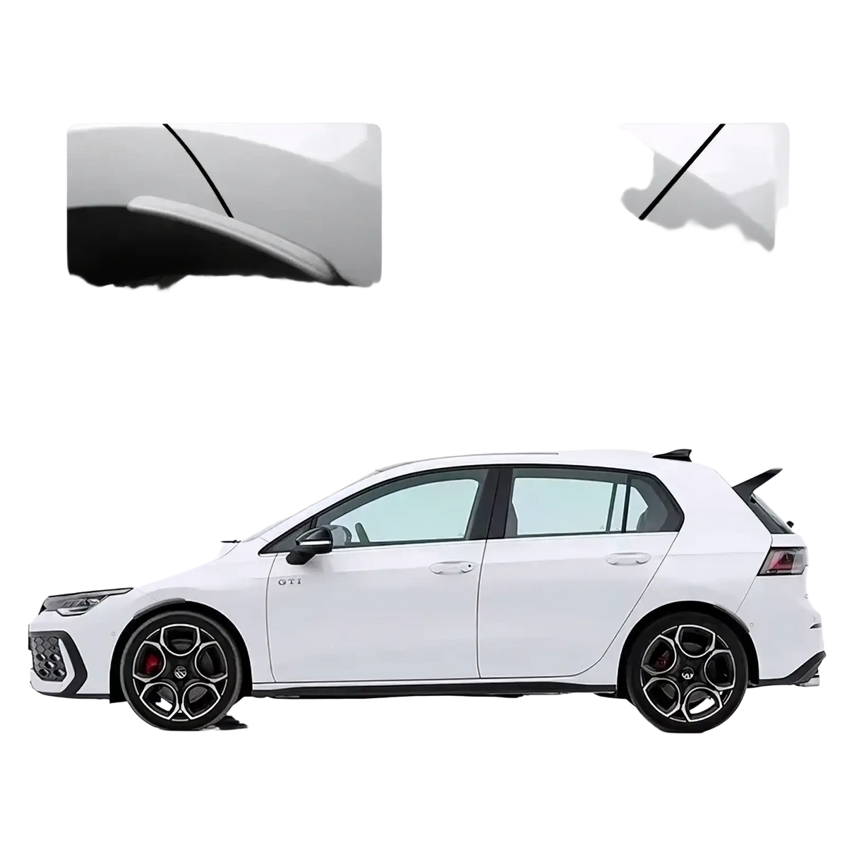 White Volkswagen Golf 8 with black alloy wheels and red brake calipers featuring Fender flares mud flaps arch trim